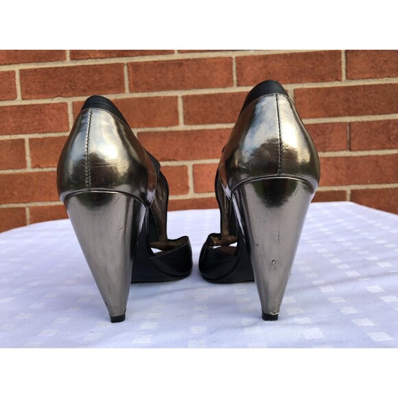 POUR LA VICTOIRE WOMEN BLACK /METALLIC LEATHER OPEN TOES HEEL SHOES US SIZE 6.5 - Picture 7 of 12